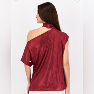 Halston Chocker Neck Short Sleeves Metallic Blouse, Red Cold Shoulder